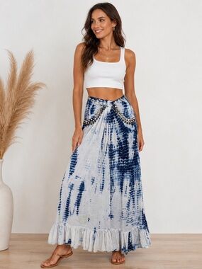 Guess Blue White Tie-Dye Maxi Skirt Boho Studded Waist Ruffle HemSize S Preloved